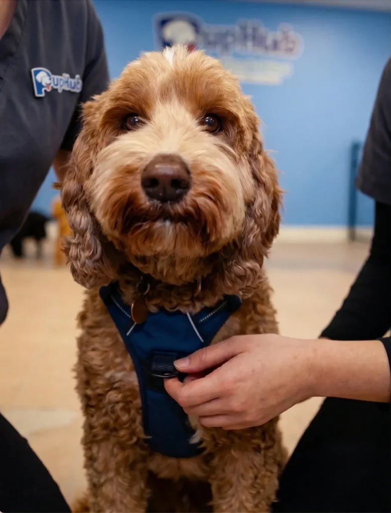 Curly brown dog in a navy harness being petted
